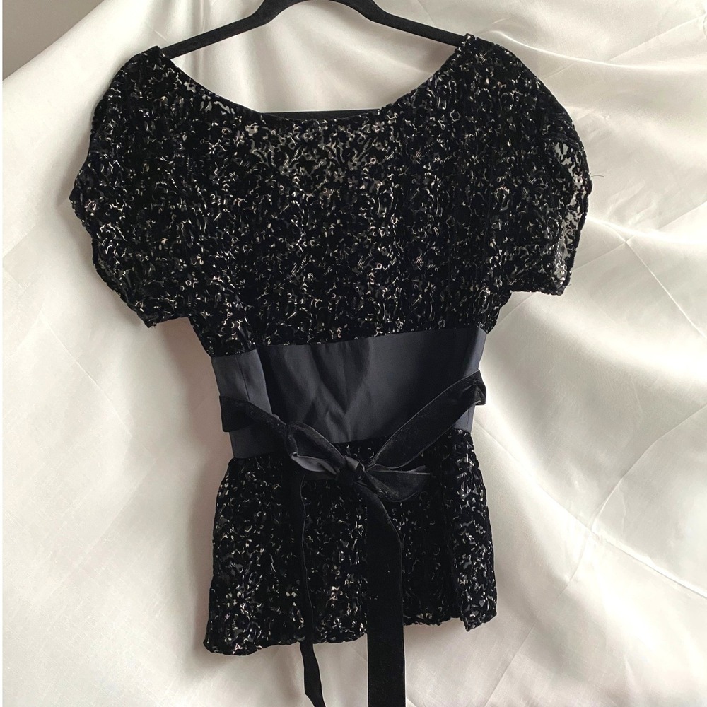 Vintage Y2K Silk Velvet Floral Belted Black Peplum Shirt Top 8 Coquette Romantic